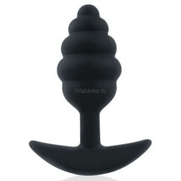 Черная ребристая анальная втулка с ограничителем - 9 см 